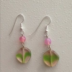 Earrings Pink and Lime Green Bead Drop Dangles